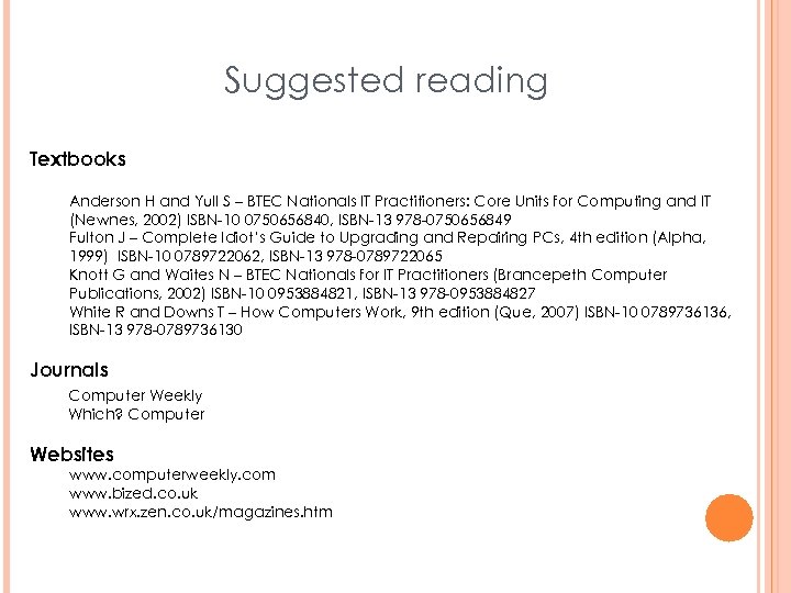 Suggested reading Textbooks Anderson H and Yull S – BTEC Nationals IT Practitioners: Core