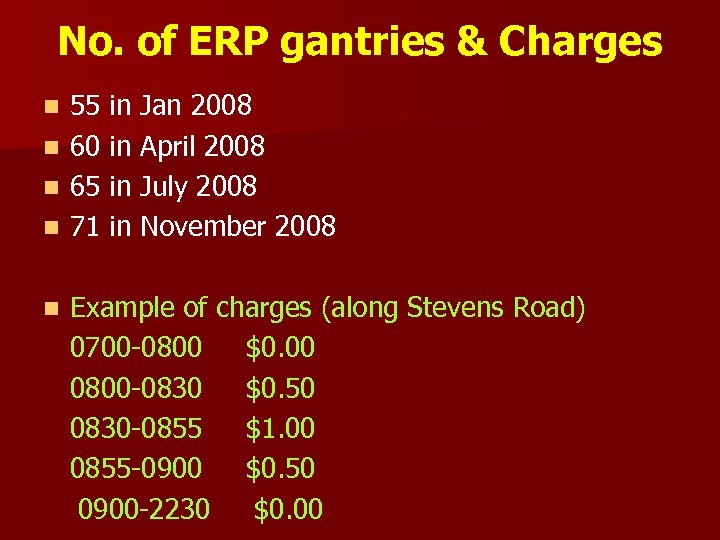 No. of ERP gantries & Charges n n n 55 in Jan 2008 60