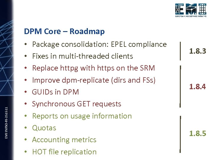EMI INFSO-RI-261611 DPM Core – Roadmap • • • Package consolidation: EPEL compliance Fixes
