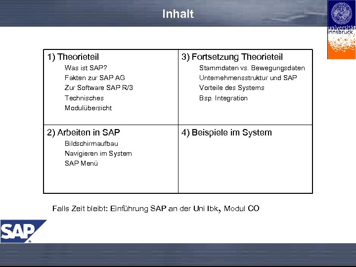 Inhalt 1) Theorieteil Was ist SAP? Fakten zur SAP AG Zur Software SAP R/3