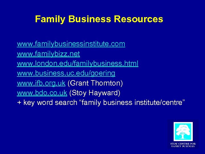 Family Business Resources www. familybusinessinstitute. com www. familybizz. net www. london. edu/familybusiness. html www.