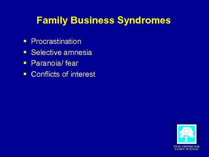 Family Business Syndromes § § Procrastination Selective amnesia Paranoia/ fear Conflicts of interest 