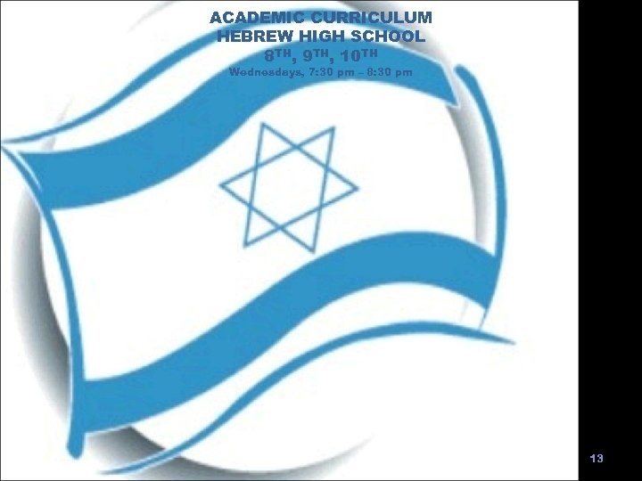 ACADEMIC CURRICULUM HEBREW HIGH SCHOOL 8 TH, 9 TH, 10 TH Wednesdays, 7: 30