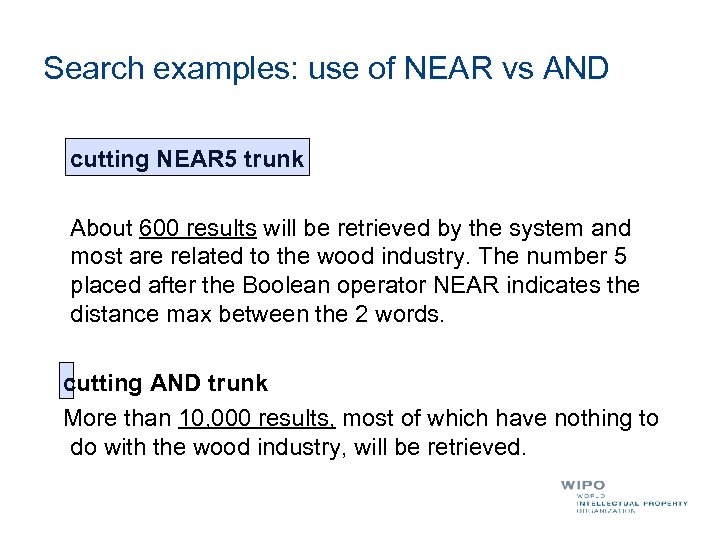 Search examples: use of NEAR vs AND cutting NEAR 5 trunk About 600 results