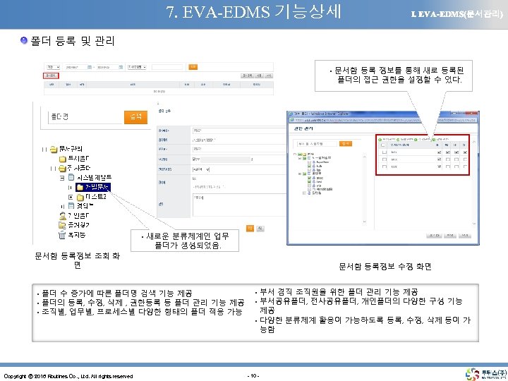 7. EVA-EDMS 기능상세 Ⅰ. EVA-EDMS(문서관리) 폴더 등록 및 관리 • 문서함 등록 정보를 통해