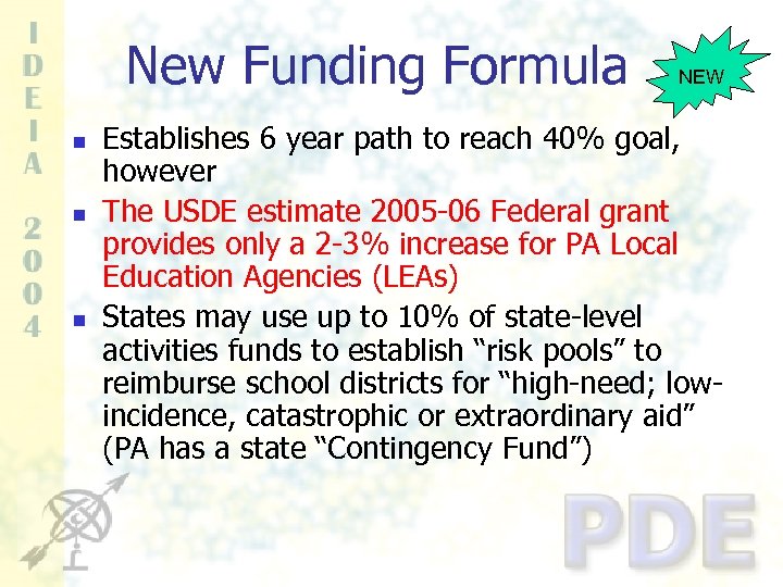 New Funding Formula n n n NEW Establishes 6 year path to reach 40%