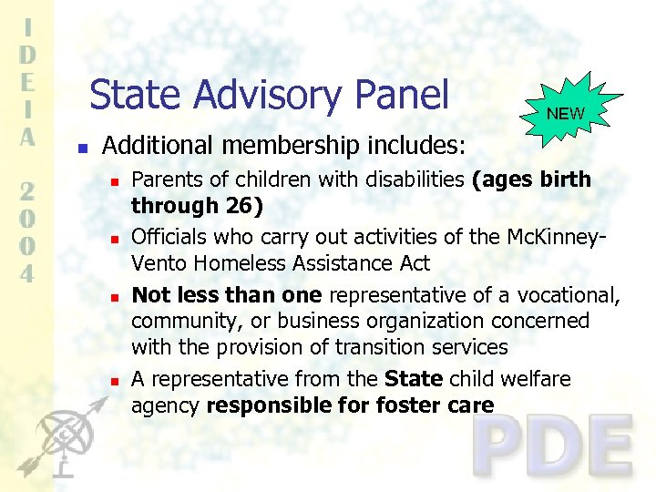 State Advisory Panel n NEW Additional membership includes: n n Parents of children with