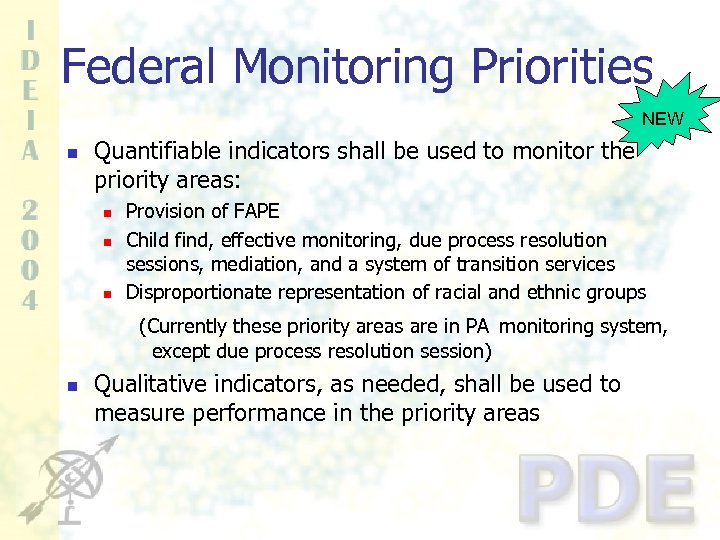 Federal Monitoring Priorities NEW n Quantifiable indicators shall be used to monitor the priority
