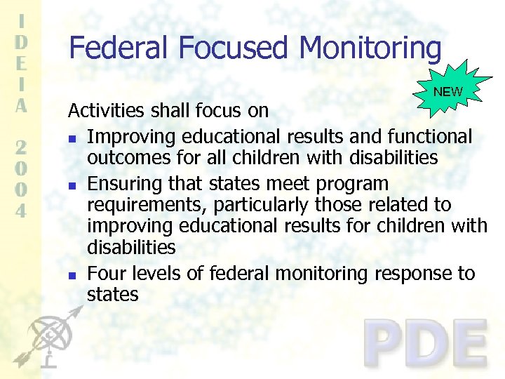 Federal Focused Monitoring NEW Activities shall focus on n Improving educational results and functional