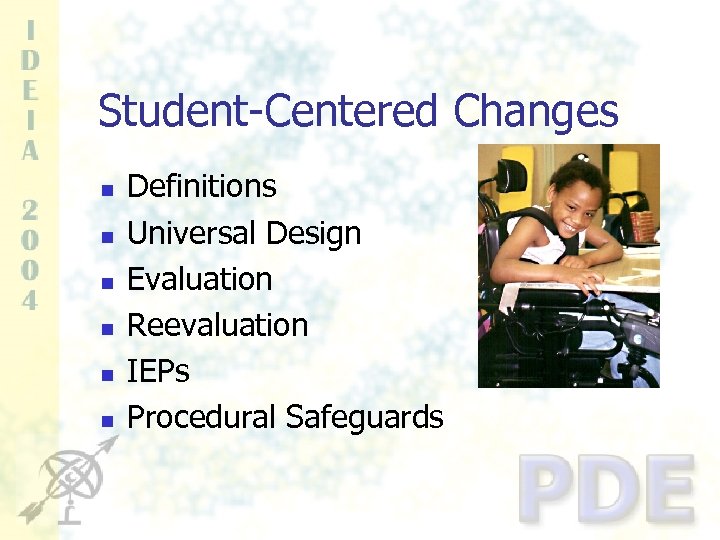 Student-Centered Changes n n n Definitions Universal Design Evaluation Reevaluation IEPs Procedural Safeguards 
