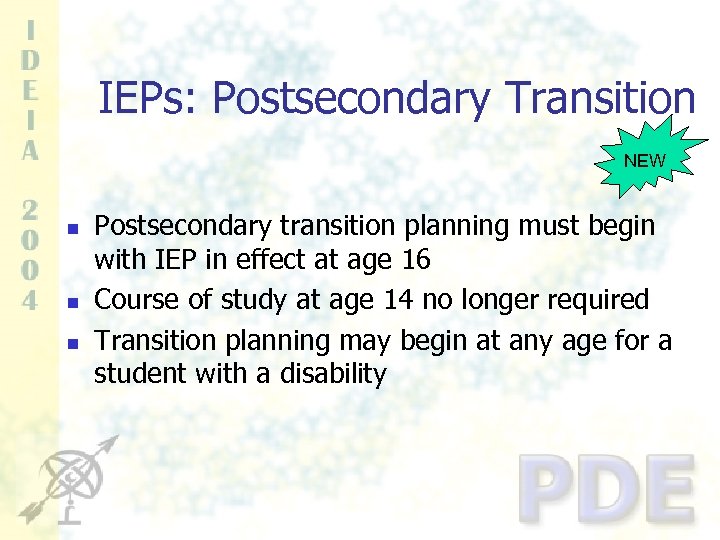 IEPs: Postsecondary Transition NEW n n n Postsecondary transition planning must begin with IEP