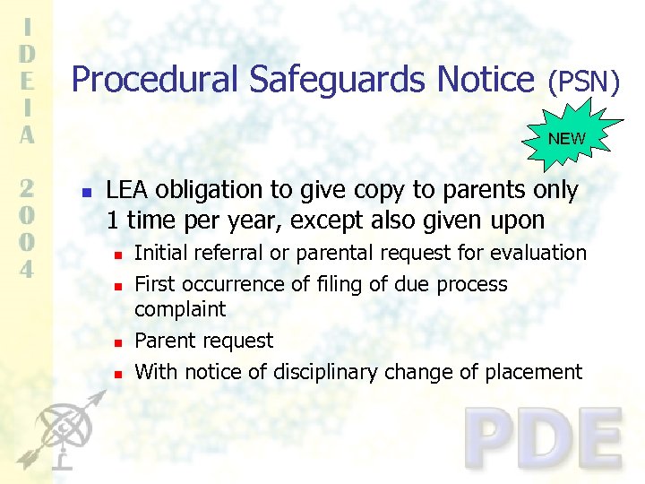 Procedural Safeguards Notice (PSN) NEW n LEA obligation to give copy to parents only