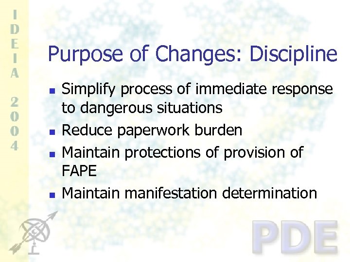 Purpose of Changes: Discipline n n Simplify process of immediate response to dangerous situations