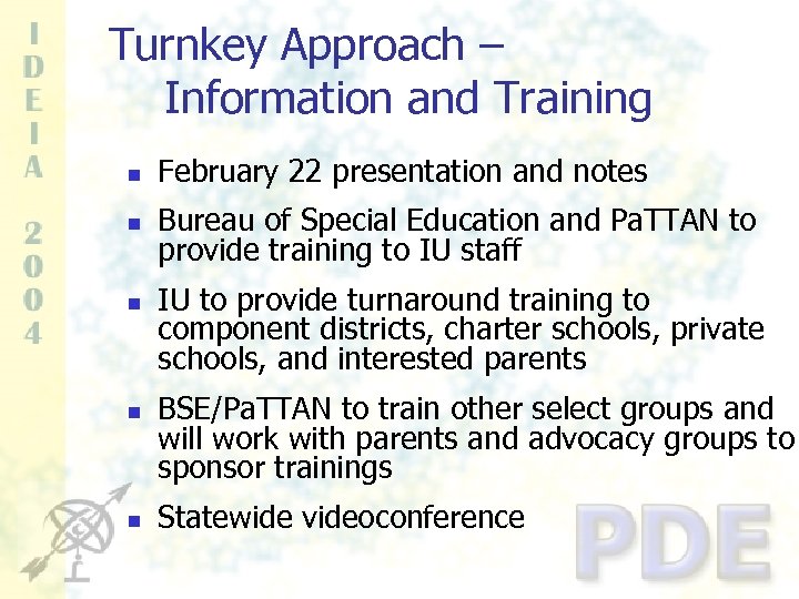 Turnkey Approach – Information and Training n February 22 presentation and notes n Bureau