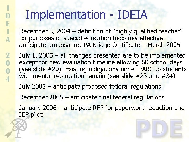 Implementation - IDEIA December 3, 2004 – definition of “highly qualified teacher” for purposes