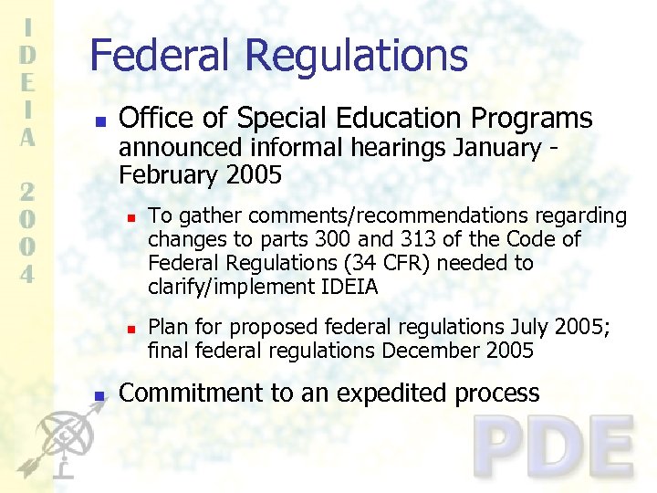 Federal Regulations n Office of Special Education Programs announced informal hearings January - February