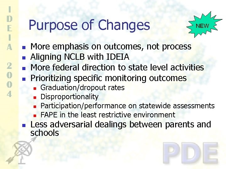 Purpose of Changes n n More emphasis on outcomes, not process Aligning NCLB with