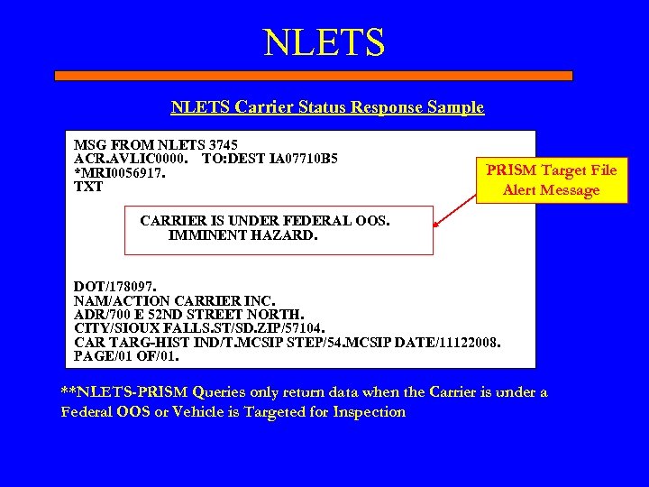 NLETS Carrier Status Response Sample MSG FROM NLETS 3745 ACR. AVLIC 0000. TO: DEST