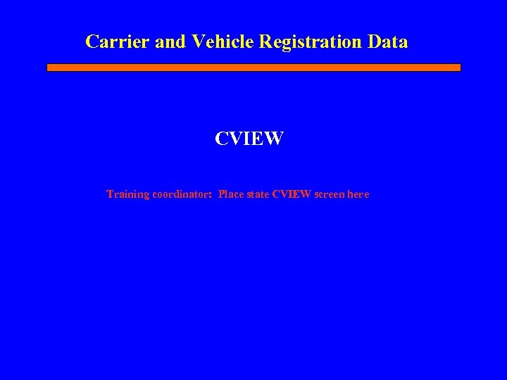 Carrier and Vehicle Registration Data CVIEW Training coordinator: Place state CVIEW screen here 
