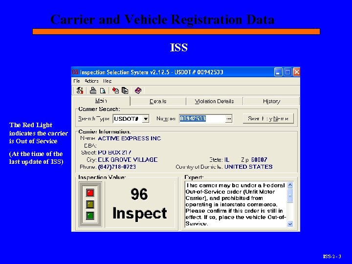 Carrier and Vehicle Registration Data ISS The Red Light indicates the carrier is Out