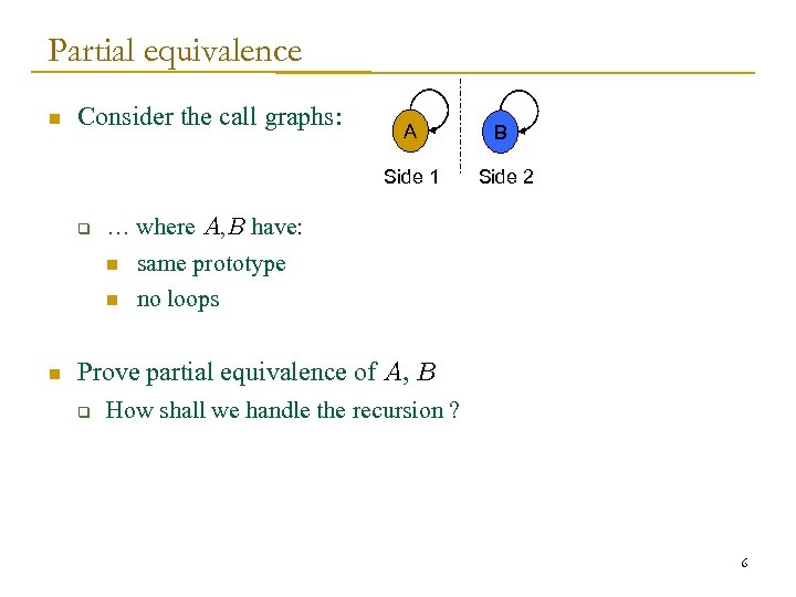 Partial equivalence n Consider the call graphs: Side 2 … where A, B have: