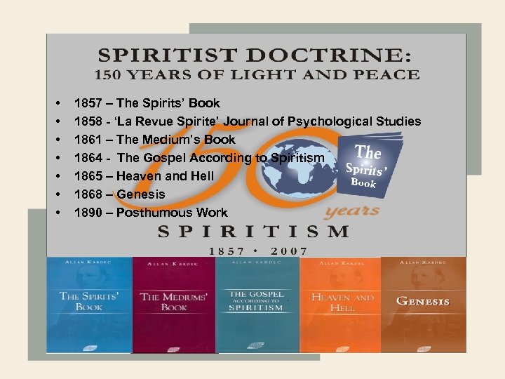  • • 1857 – The Spirits’ Book 1858 - ‘La Revue Spirite’ Journal