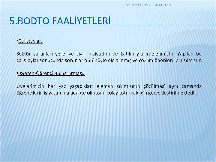 BODTO 2009 -2012 3/19/2018 5. BODTO FAALİYETLERİ • Çalıştaylar, Sektör sorunları yerel ve sivil