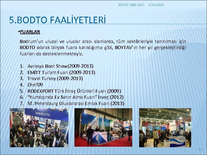 BODTO 2009 -2012 3/19/2018 5. BODTO FAALİYETLERİ • FUARLAR Bodrum’un ulusal ve uluslar arası