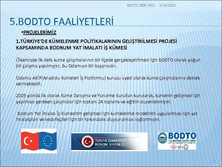 BODTO 2009 -2012 3/19/2018 5. BODTO FAALİYETLERİ • PROJELERİMİZ 1. TÜRKİYE’DE KÜMELENME POLİTİKALARININ GELİŞTİRİLMESİ