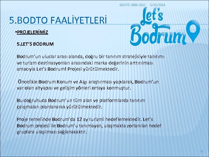 BODTO 2009 -2012 3/19/2018 5. BODTO FAALİYETLERİ • PROJELERİMİZ 5. LET’S BODRUM Bodrum’un uluslar