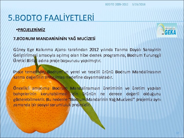 BODTO 2009 -2012 3/19/2018 5. BODTO FAALİYETLERİ • PROJELERİMİZ 7. BODRUM MANDARİNİNİN YAĞ MUCİZESİ