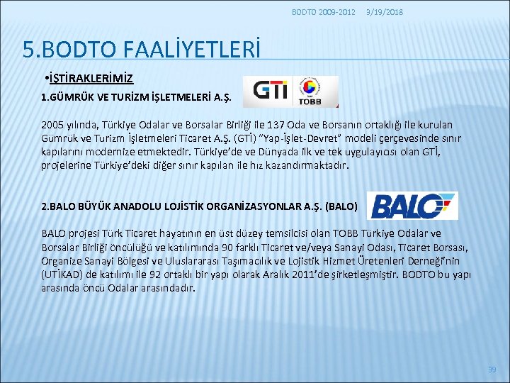 BODTO 2009 -2012 3/19/2018 5. BODTO FAALİYETLERİ • İŞTİRAKLERİMİZ 1. GÜMRÜK VE TURİZM İŞLETMELERİ