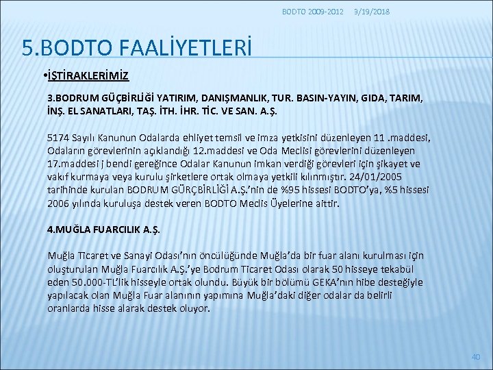 BODTO 2009 -2012 3/19/2018 5. BODTO FAALİYETLERİ • İŞTİRAKLERİMİZ 3. BODRUM GÜÇBİRLİĞİ YATIRIM, DANIŞMANLIK,