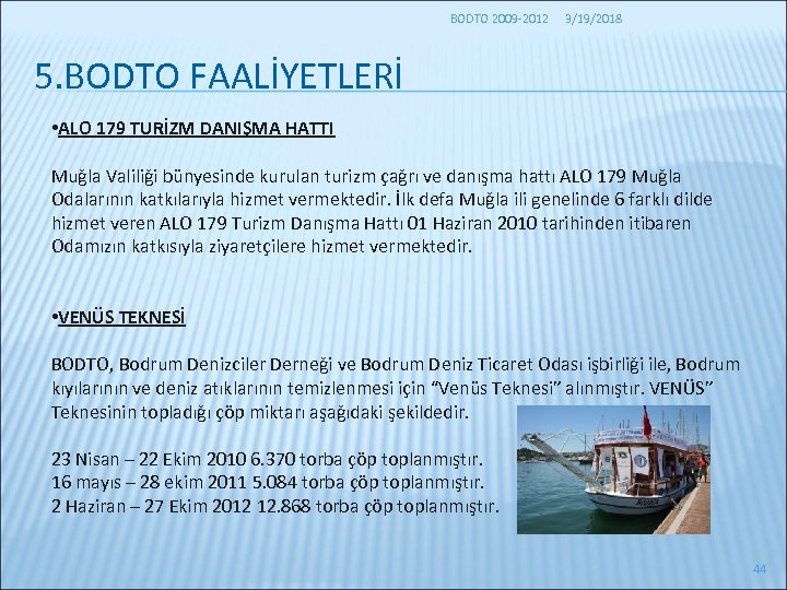 BODTO 2009 -2012 3/19/2018 5. BODTO FAALİYETLERİ • ALO 179 TURİZM DANIŞMA HATTI Muğla