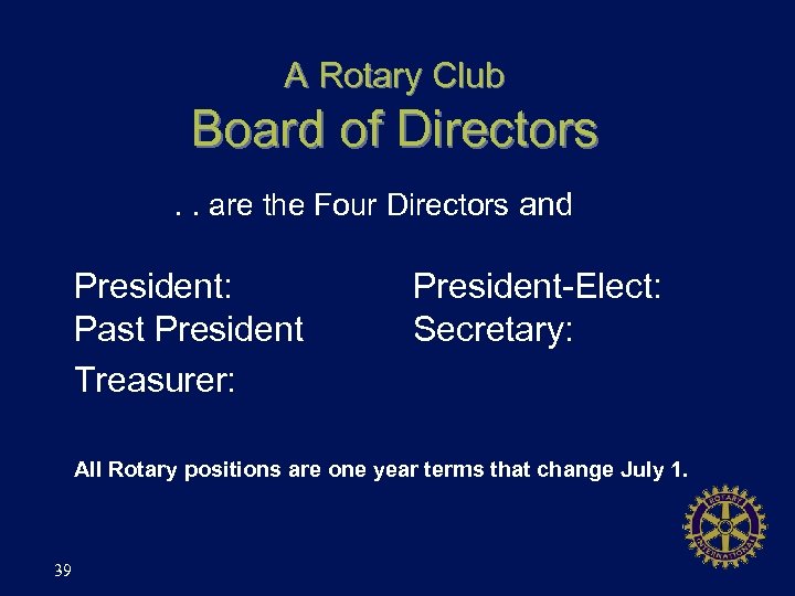 A Rotary Club Board of Directors. . are the Four Directors and President: Past