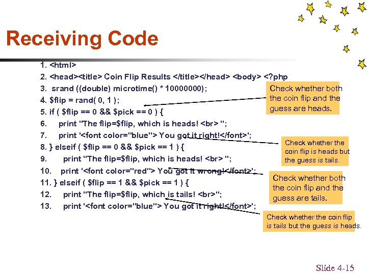 Receiving Code 1. <html> 2. <head><title> Coin Flip Results </title></head> <body> <? php Check