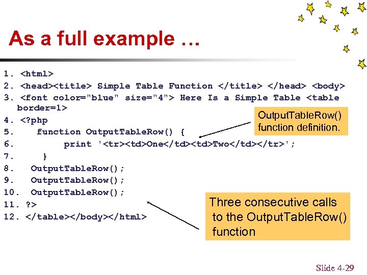 As a full example … 1. <html> 2. <head><title> Simple Table Function </title> </head>
