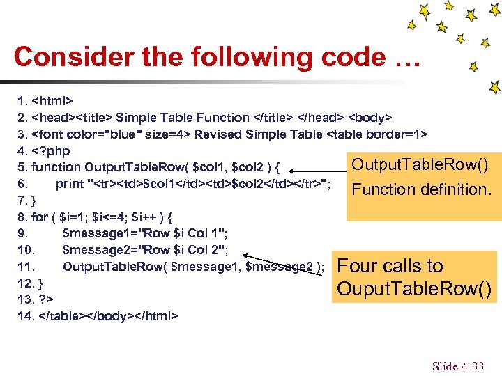 Consider the following code … 1. <html> 2. <head><title> Simple Table Function </title> </head>