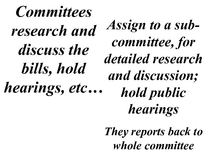 Committees Assign to a subresearch and committee, for discuss the detailed research bills, hold