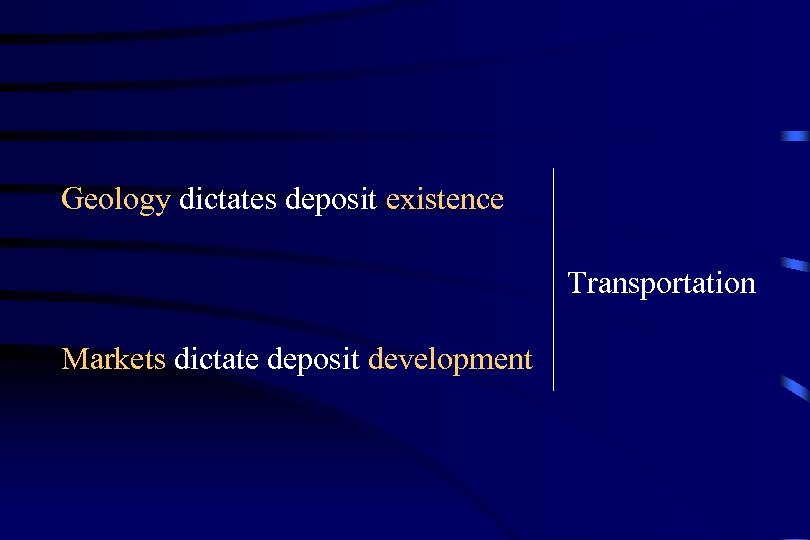 Geology dictates deposit existence Transportation Markets dictate deposit development 