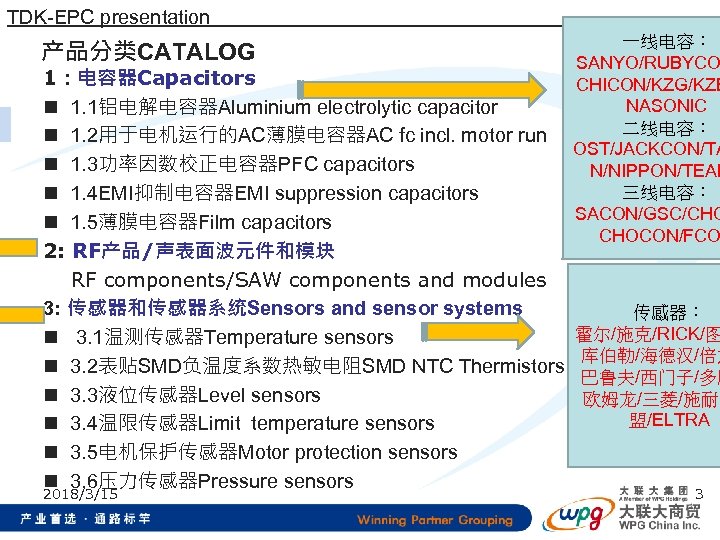 TDK-EPC presentation 产品分类CATALOG 1：电容器Capacitors n 1. 1铝电解电容器Aluminium electrolytic capacitor n 1. 2用于电机运行的AC薄膜电容器AC fc incl.