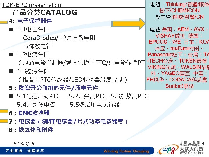  电阻：Thinking/君耀/顺络 TDK-EPC presentation 产品分类CATALOG 松下/CHEMICON 放电管: 槟城/君耀/CN 4: 电子保护器件 电感: 美国：AEM、AVX、 n 4.