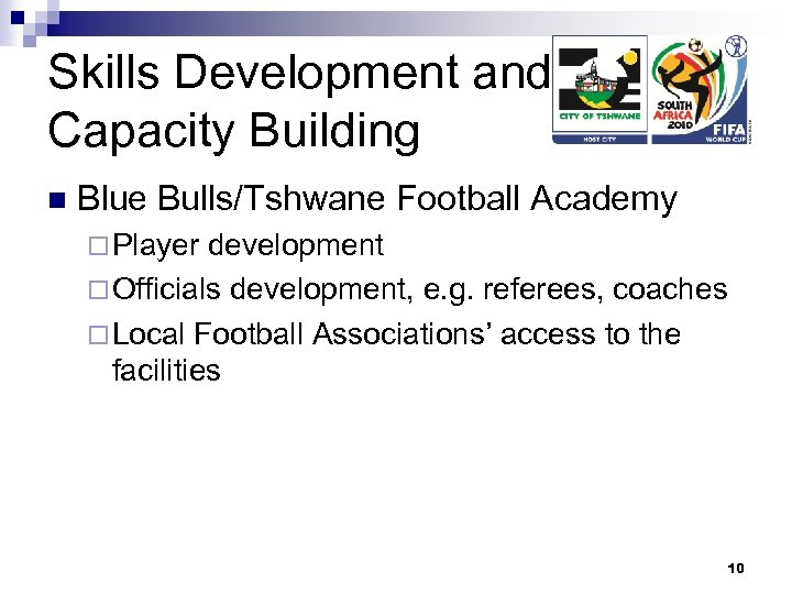 Skills Development and Capacity Building n Blue Bulls/Tshwane Football Academy ¨ Player development ¨