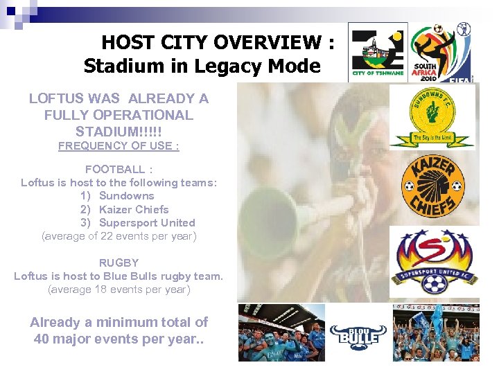 HOST CITY OVERVIEW : Stadium in Legacy Mode LOFTUS WAS ALREADY A FULLY OPERATIONAL
