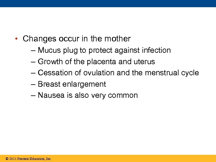  • Changes occur in the mother – – – Mucus plug to protect