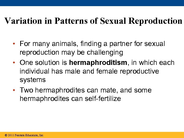 Variation in Patterns of Sexual Reproduction • For many animals, finding a partner for