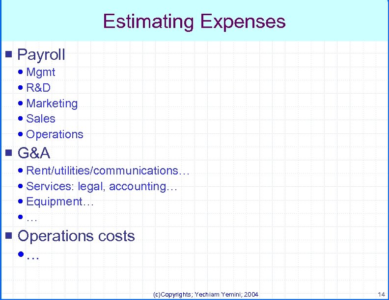 Estimating Expenses ¡ Payroll Mgmt R&D Marketing Sales Operations ¡ G&A Rent/utilities/communications… Services: legal,