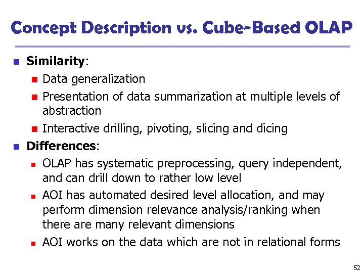 Concept Description vs. Cube-Based OLAP Similarity: n Data generalization n Presentation of data summarization