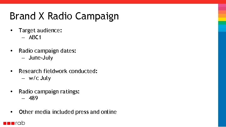 Brand X Radio Campaign • Target audience: – ABC 1 • Radio campaign dates: