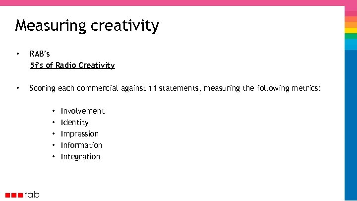 Measuring creativity • RAB’s 5 i’s of Radio Creativity • Scoring each commercial against